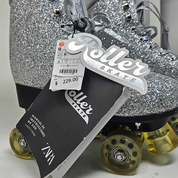 ZARA Rhinestone Roller Skates Limited Edition Four Wheels Sz 7.5 Silver Sparkle - Picture 5 of 11